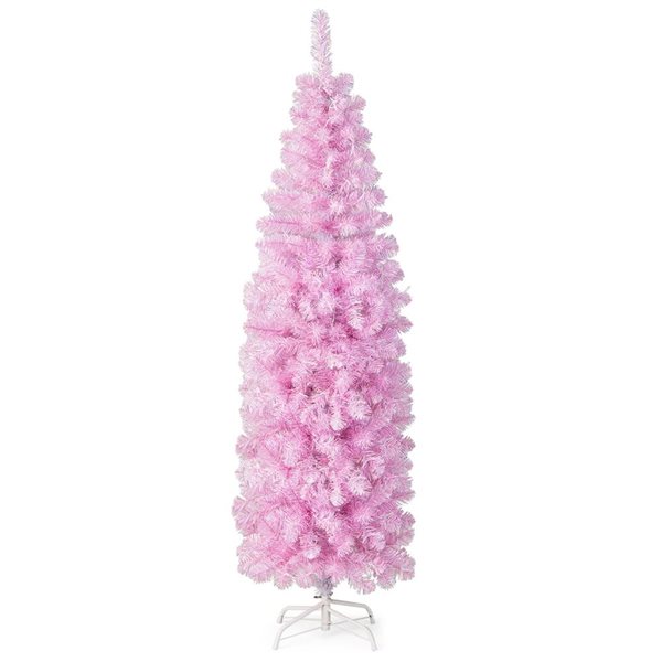 Costway 6-ft Pre-lit Christmas Tree Hinged Pencil Xmas Decoration with 250 LED Lights Pink