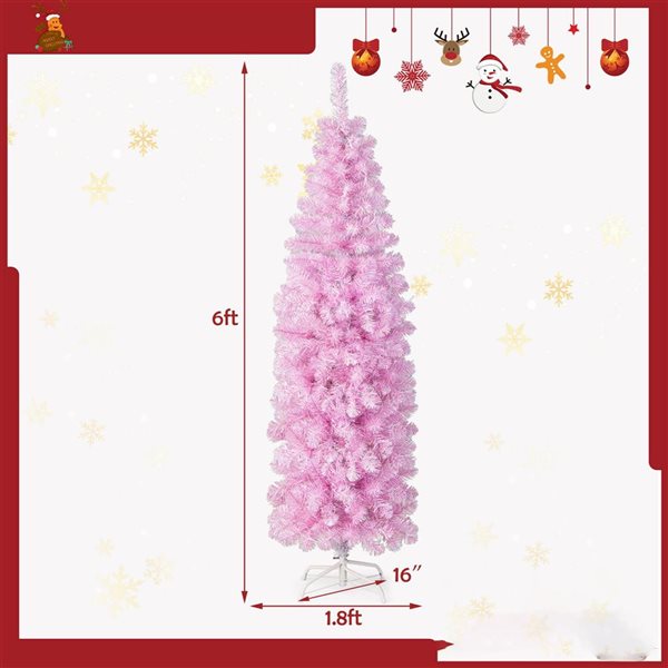 Costway 6-ft Pre-lit Christmas Tree Hinged Pencil Xmas Decoration with 250 LED Lights Pink
