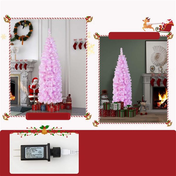 Costway 6-ft Pre-lit Christmas Tree Hinged Pencil Xmas Decoration with 250 LED Lights Pink