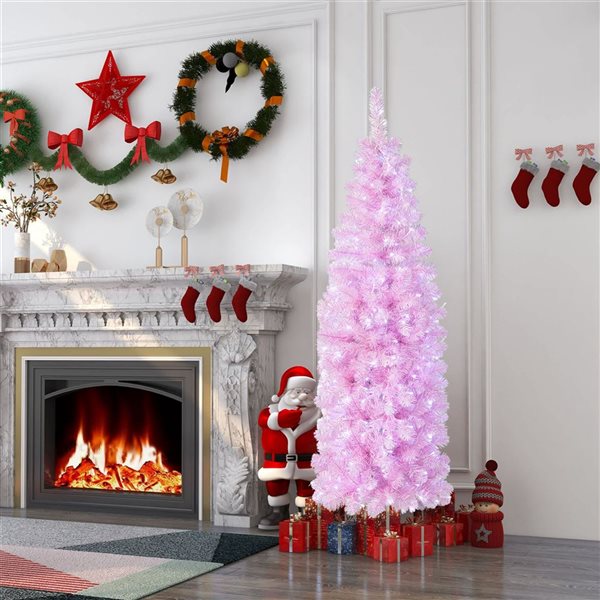 Costway 6-ft Pre-lit Christmas Tree Hinged Pencil Xmas Decoration with 250 LED Lights Pink