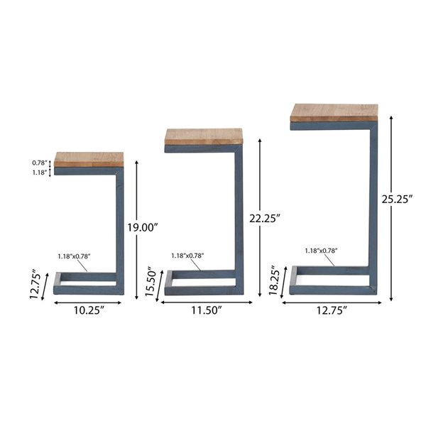 Ensemble de 3 tables gigognes industrielles modernes Mondawe en bois de sapin