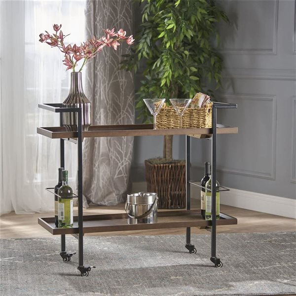 Mondawe Brown Metal Bar Cart With Wooden Table