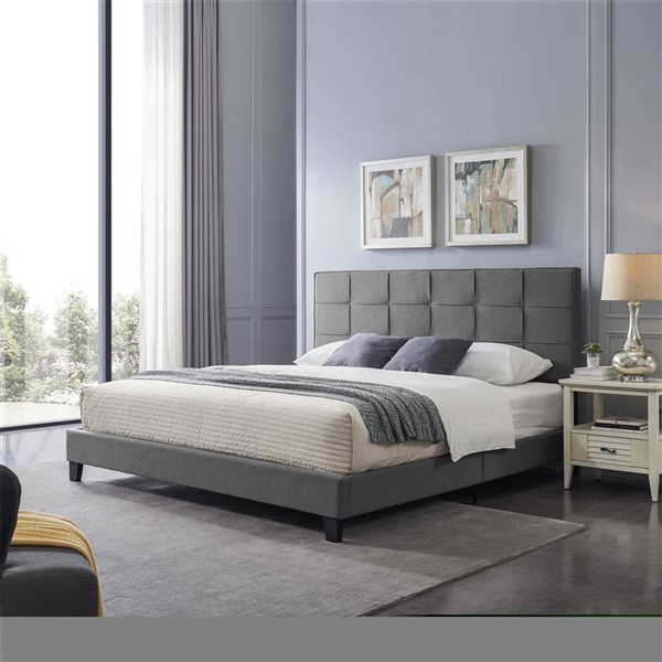Mondawe Gray King-Size Bed Frame with Contemporary Tufted Waffle Stitching