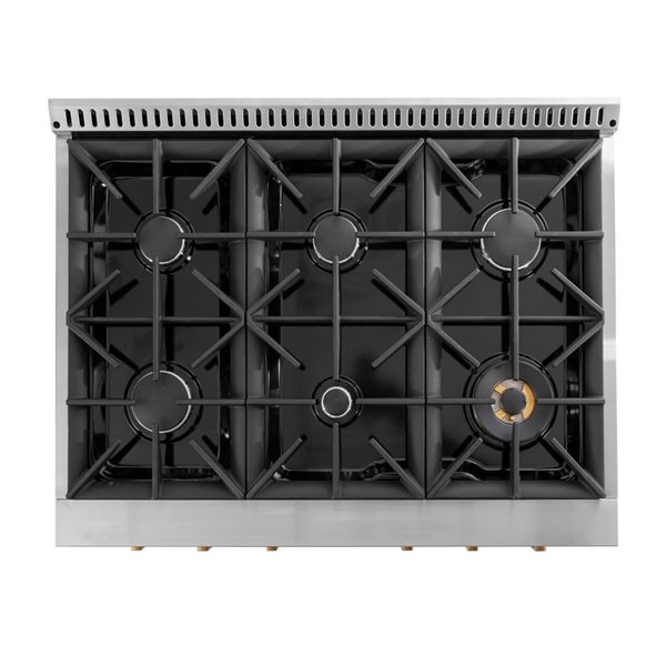 Cuisinière biénergie à gaz naturel KUCHT 36 po 5,2 pi³ 6 brûleurs avec thermostat Horus - acier inoxydable/finitions dor…