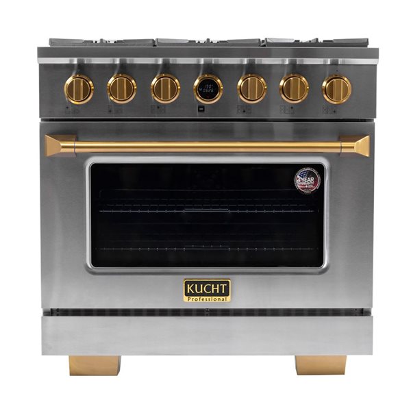 KUCHT 36-in 5.2 ft³ 6-Burner Natural Gas Dual Fuel Range with Horus Thermostat - Stainless Steel/Gold Accents