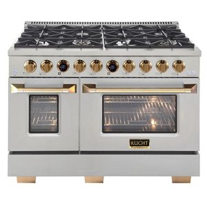 KUCHt 48-in 6.7-ft³ 8-Burner Double Oven Propane Gas Dual Fuel Range with Horus Thermostat - Stainless Steel/Gold Accents