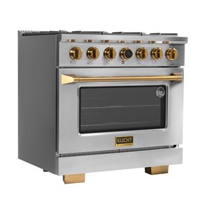 Cuisinière biénergie à gaz propane KUCHT 36 po 5,2 pi³ 6 brûleurs avec thermostat Horus - acier inoxydable/finitions dor…