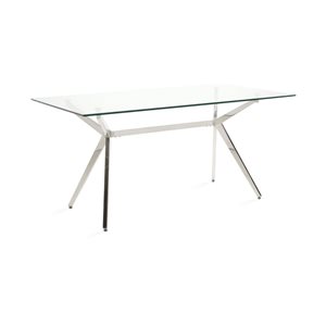 Table à manger Mary de Home Gear 36 l. x 63 po L. rectangle fixe, dessus verre trempé et base acier tréteaux argent