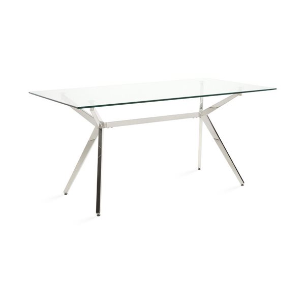 Home Gear Mary 36 W x 63-in L Silver Rectangle Fixed Dining Table w/ Tempered Glass Top and Trestle Steel Base