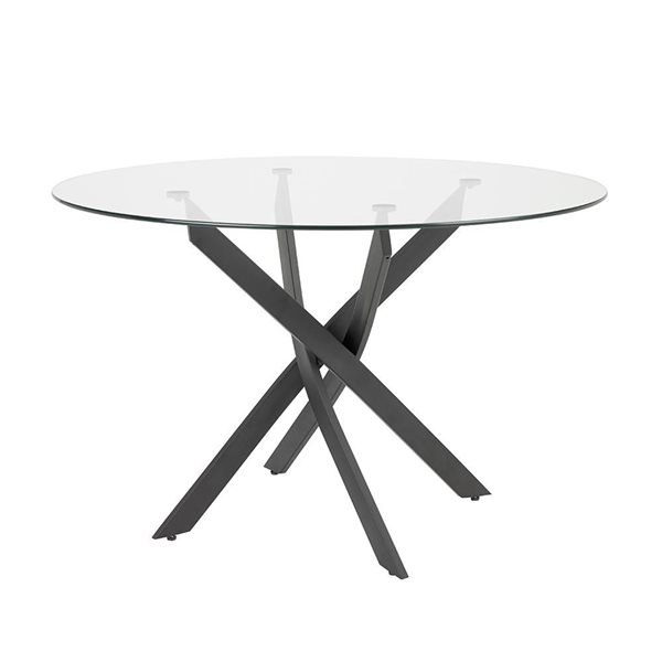 Table à manger Kona de Home Gear 48 po ronde fixe, dessus verre trempé et base métal à tréteaux noir