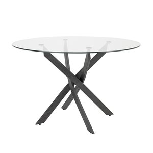 Table à manger Kona de Home Gear 48 po ronde fixe, dessus verre trempé et base métal à tréteaux noir