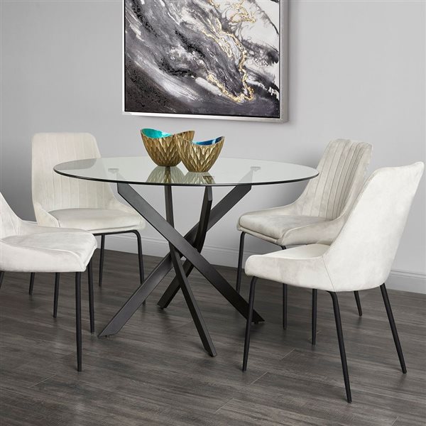 Home Gear Kona 48-in Black Round Fixed Dining Table w/ Tempered Glass Top and Trestle Metal Base