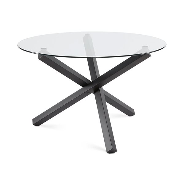 Table à manger Merida de Home Gear 48 po ronde fixe, dessus verre trempé et base acier à tréteaux noir