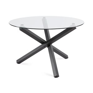 Table à manger Merida de Home Gear 48 po ronde fixe, dessus verre trempé et base acier à tréteaux noir