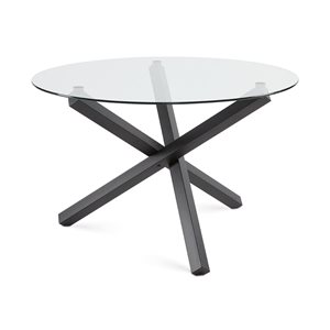 Home Gear Merida 48-in Black Round Fixed Dining Table w/ Tempered Glass Top and Trestle Steel Base