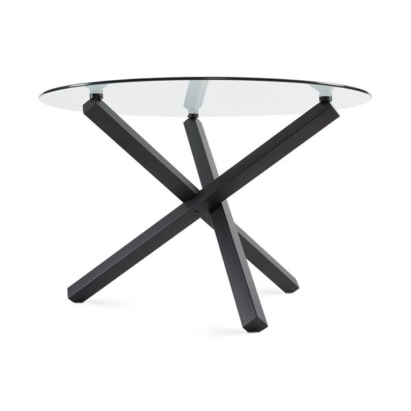 Table à manger Merida de Home Gear 48 po ronde fixe, dessus verre trempé et base acier à tréteaux noir