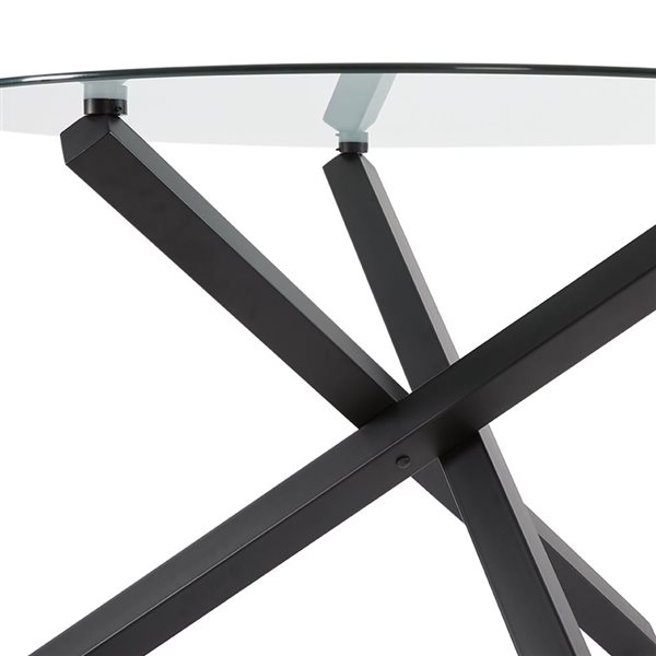 Table à manger Merida de Home Gear 48 po ronde fixe, dessus verre trempé et base acier à tréteaux noir