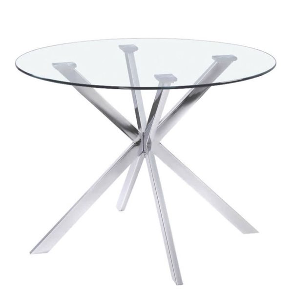 Table à manger Louise de Home Gear 42 po ronde fixe, dessus verre trempé et base métal à tréteaux argent