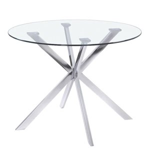 Table à manger Louise de Home Gear 42 po ronde fixe, dessus verre trempé et base métal à tréteaux argent