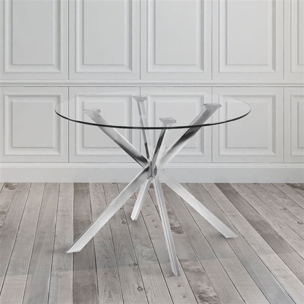 Home Gear Louise 42-in Silver Round Fixed Dining Table w/ Tempered Glass Top and Trestle Metal Base