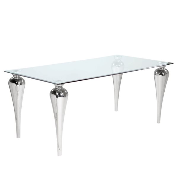 Table à manger Falcon de Home Gear 40 l.x 71 po L. rectangle fixe, dessus verre trempé et pieds acier argent