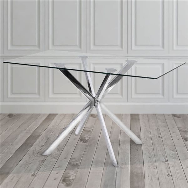 Table à manger Geneva de Home Gear 32 l.x 51 po L. rectangle fixe, dessus verre trempé et base acier tréteaux argent