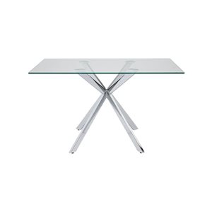 Table à manger Geneva de Home Gear 32 l.x 51 po L. rectangle fixe, dessus verre trempé et base acier tréteaux argent