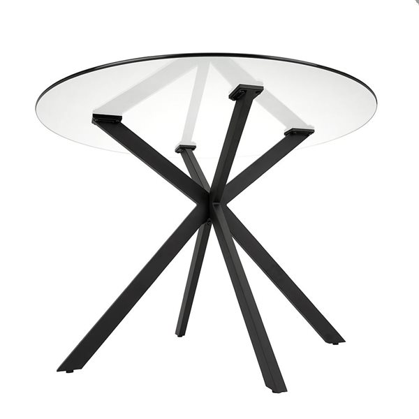 Table à manger Louise de Home Gear 42 po ronde fixe, dessus verre trempé et base métal à tréteaux noir