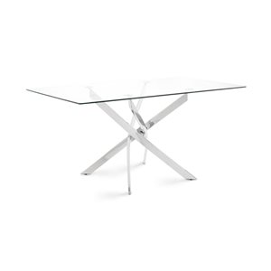 Home Gear Kona 36 W x 63-in L Silver Rectangle Fixed Dining Table w/ Tempered Glass Top and Trestle Steel Base