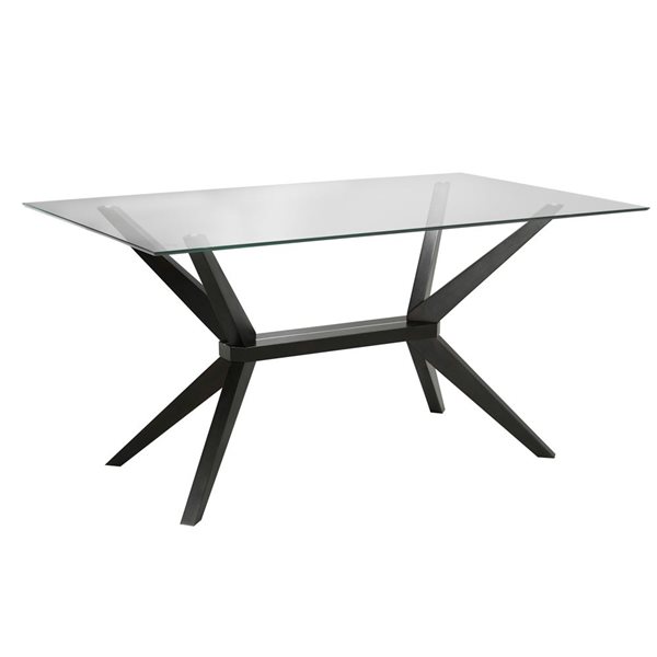 Table à manger Tahoe de Home Gear 36 l. x 63 po L. rectangle fixe, dessus verre trempé et base bois tréteaux noyer foncé