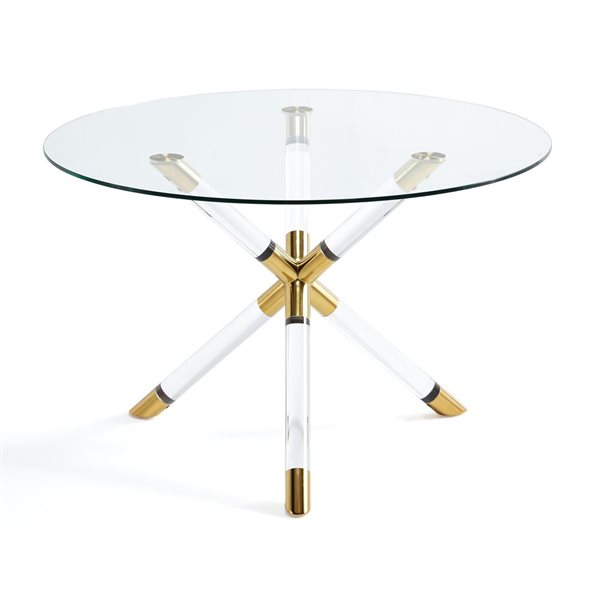 Home Gear Cloud 48-in Gold Round Fixed Dining Table w/ Tempered Glass Top and Trestle Acrylic Base