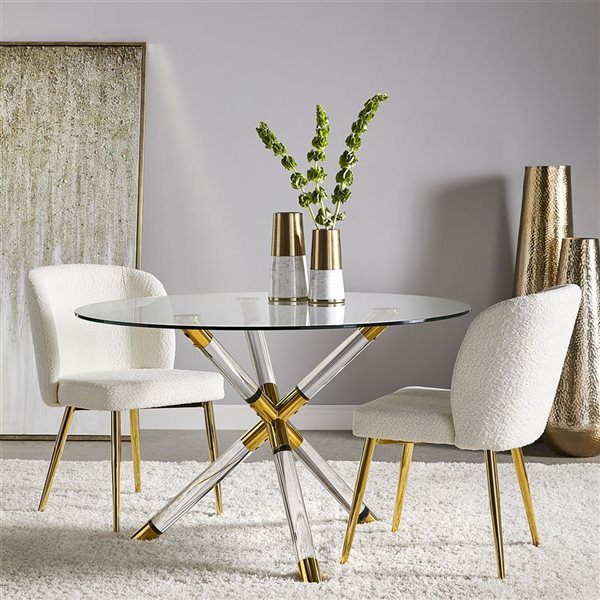 Home Gear Cloud 48-in Gold Round Fixed Dining Table w/ Tempered Glass Top and Trestle Acrylic Base