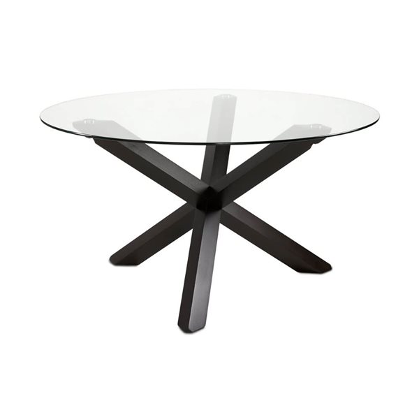 Table à manger Beagle de Home Gear 55 po ronde fixe, dessus verre trempé et base en bois à tréteaux espresso