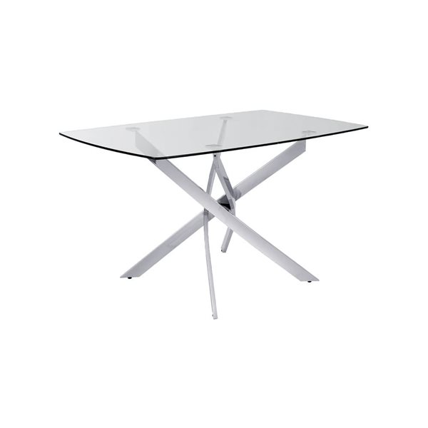 Table à manger Kona de Home Gear 32 l. x 51 po L. rectangle fixe, dessus verre trempé et base acier tréteaux argent