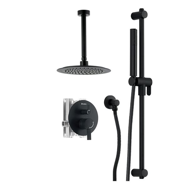 akuaplus® Round Black 3-Way Diverter Pressure Balance Shower Valve Set round w/Ceiling Mount Shower Head/Hand Shower