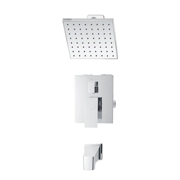 akuaplus® Chrome 3-Way Diverter Pressure Balance Square Bath Shower Valve Set w/ 1-Setting Shower Head and Spout