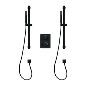 Ensemble de douche akuaplus avec mitigeur thermostatique à 4 voies, carré noir mat, 2 douchettes réglables carrées