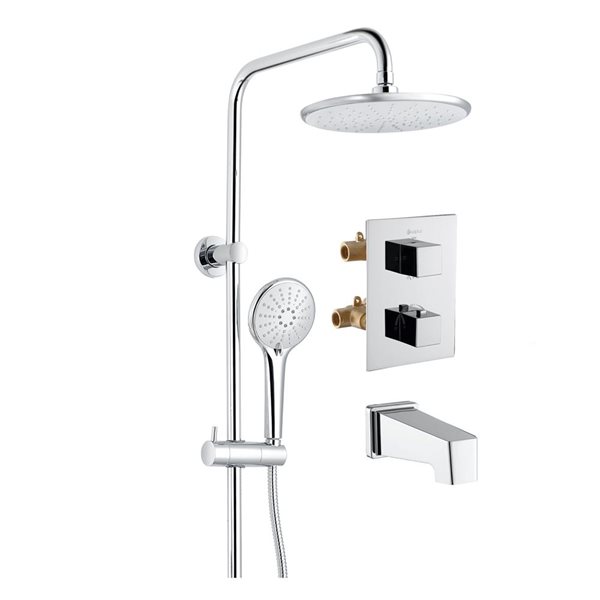 akuaplus® Square Chrome 4-Way Diverter Thermostatic Bath Shower Valve Set w/ Showerhead/Hand Shower on Post/Spout