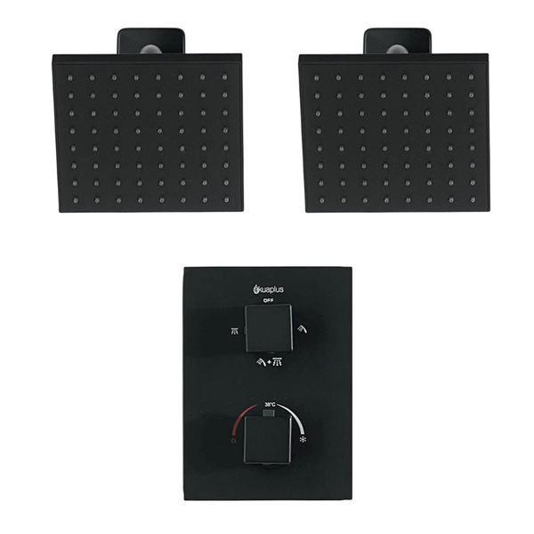 akuaplus® Square Matte Black 4-Way Diverter Thermostatic Shower Valve Set w/ 2 Square Showerheads