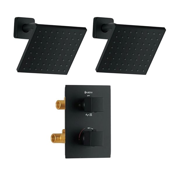 akuaplus® Square Matte Black 4-Way Diverter Thermostatic Shower Valve Set w/ 2 Square Showerheads