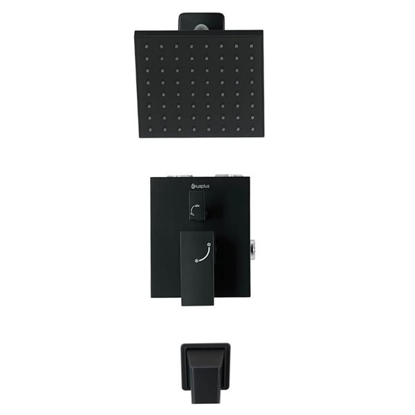 akuaplus® Matte Black 3-Way Diverter Pressure Balance Square Bath Shower Valve Set w/ 1-Setting Shower Head and Spout