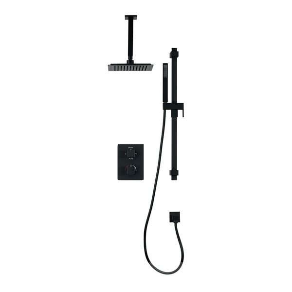 akuaplus® Black 4-Way Diverter Thermostatic Square Shower Valve Set w/ Ceiling Mount Shower Head/Hand Shower