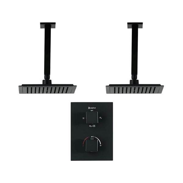 akuaplus® Square Matte Black 4-Way Diverter Thermostatic Shower Valve Set w/ 2 Ceiling Mount Shower Heads