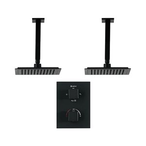 akuaplus® Square Matte Black 4-Way Diverter Thermostatic Shower Valve Set w/ 2 Ceiling Mount Shower Heads