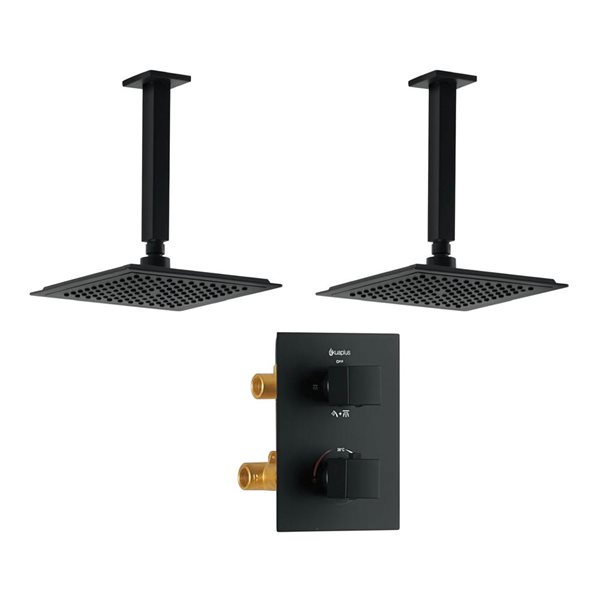 akuaplus® Square Matte Black 4-Way Diverter Thermostatic Shower Valve Set w/ 2 Ceiling Mount Shower Heads