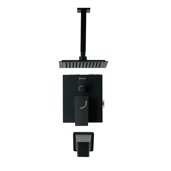 akuaplus® Square Matte black 3-Way Diverter Pressure Balance Bath Shower Valve Set w/ Showerhead and Spout