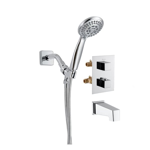 akuaplus® Square Chrome 4-Way Diverter Thermostatic Bath Shower Valve Set w/ 5-Setting Round Hand Shower/Spout