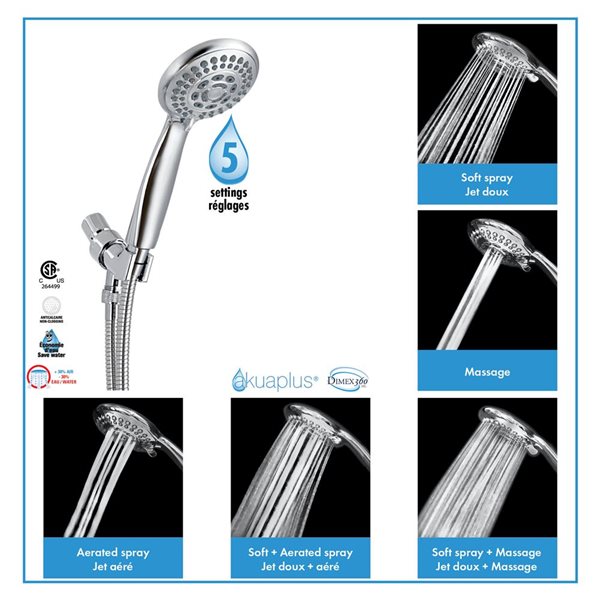 akuaplus® Square Chrome 4-Way Diverter Thermostatic Bath Shower Valve Set w/ 5-Setting Round Hand Shower/Spout