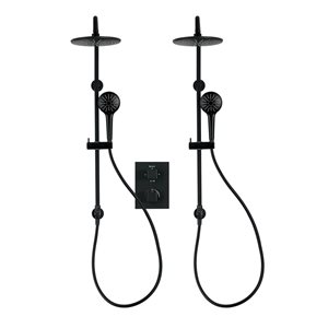 akuaplus® Square Black 4-Way diverter Thermostatic Shower Valve Set w/ 2 Round Showerheads/2 Hand Showers on Post