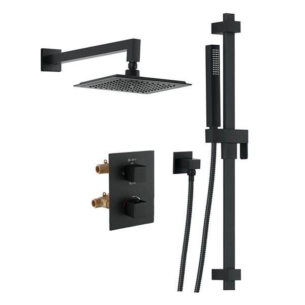 akuaplus® Square Black 4-way Diverter Thermostatic Shower Valve Set w/ Showerhead and Adjustable Hand Shower on Post